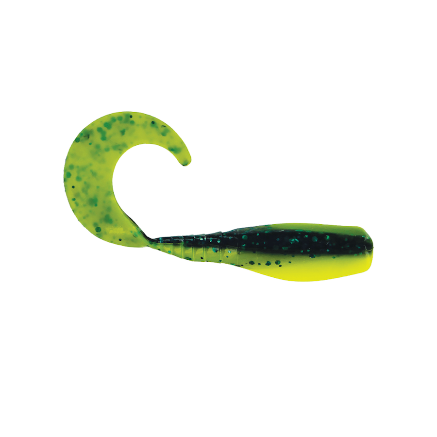 Big Bite Baits - 2 Curly Tail Crappie Minnr - Junebug Chartreuse - The Yak  Shak