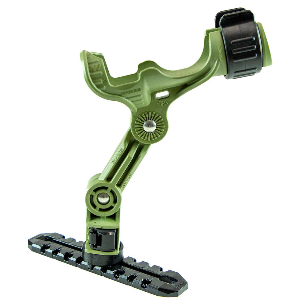 Omega Pro™ Rod Holder with Track Mounted LockNLoad™ Mounting System, Olive Green on mount