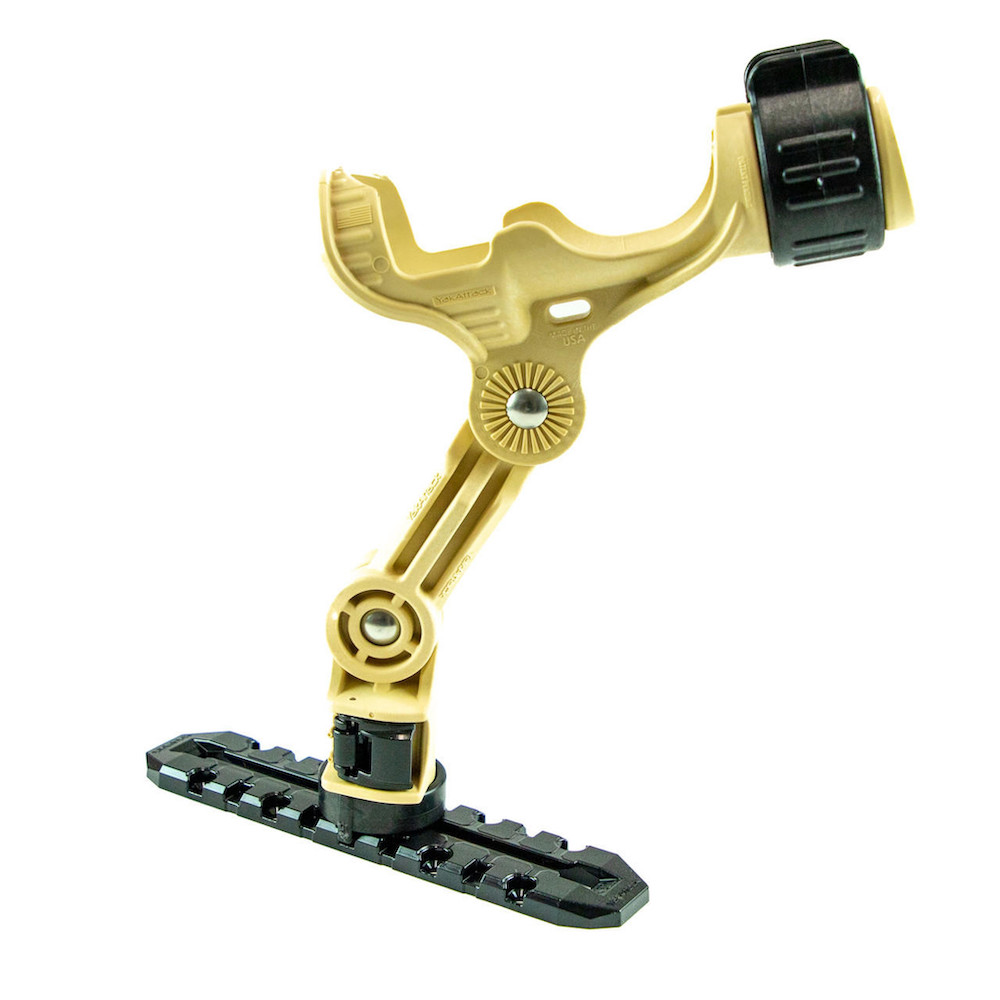 YakAttack Omega Pro™ Rod Holder with Track Mounted LockNLoad™ Mounting System, Desert Sand on mount